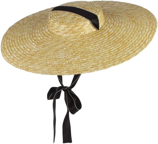 GEMVIE Women Ladies Vintage Wide Brim Boater Straw Hat Elegant Flat Top Floppy Derby Sun Hat Beac... | Amazon (UK)