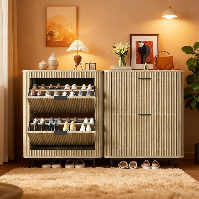 37.68" H Fluted Shoe Cabinet, Freestanding Hidden Organizer with 2 Flip Drawers & Open Storage, M... | Amazon (US)