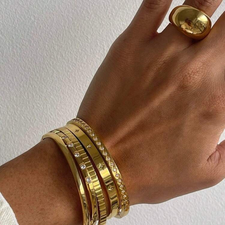 Stacked 18K Gold Plated Stainless Steel Zirconia Bracelet, Simple & Elegant, Birthday Gift For Wo... | SHEIN