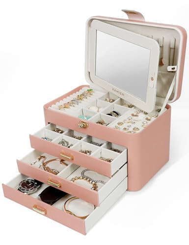 KAMIER Jewelry Organizer Box for Women - 4 Layer Drawer Jewellery Storage with Lock and Mirror - Jewelry Case for Necklaces Rings Bracelets Earring Holder Organizers (Pink) | Amazon (US)