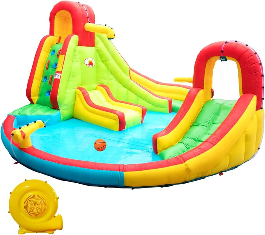 WELLFUNTIME Inflatable Water Park with Blower Dual Water Slide, Climbing Wall, Water Gun, Splash ... | Amazon (US)