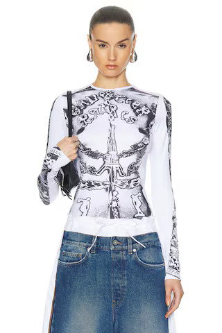Jean Paul Gaultier Dentelle Trompe L'oeil Long Sleeve Top in White & Black | FWRD | FWRD 