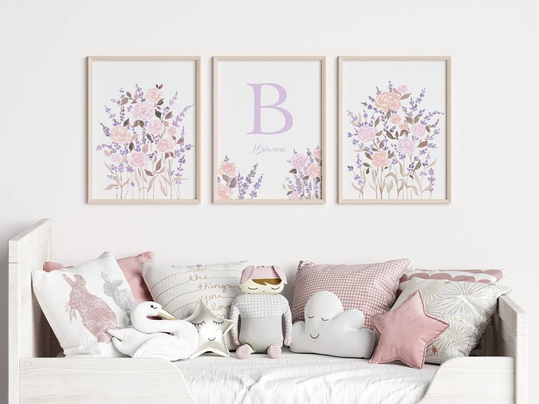 Soft Lavender Floral Nursery Wall Art Set Of 3, Pastel Lilac Baby Girl Prints, Personalized Wildf... | Etsy (US)