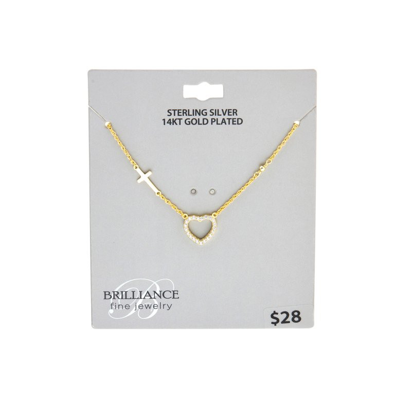 Brilliance Fine Jewelry 14KT over Sterling Simulated Diamond Heart and Cross Necklace | Walmart (US)