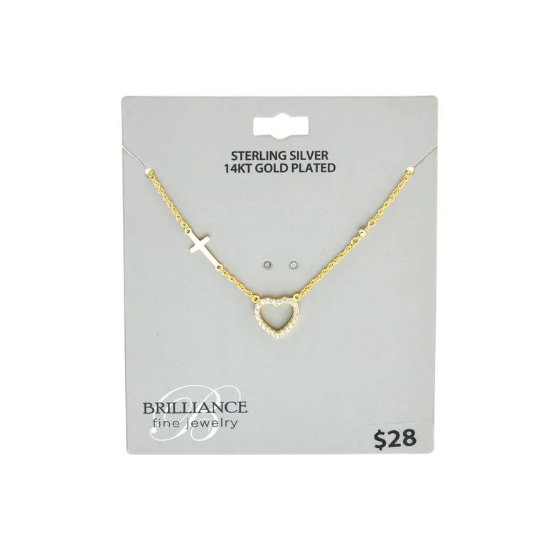 Brilliance Fine Jewelry 14KT over Sterling Simulated Diamond Heart and Cross Necklace | Walmart (US)