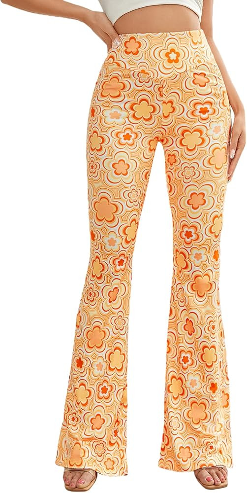 WDIRARA Women's Heart Print Elastic High Waist Flare Leg Stretch Casual Pants Floral Multicolor S... | Amazon (US)