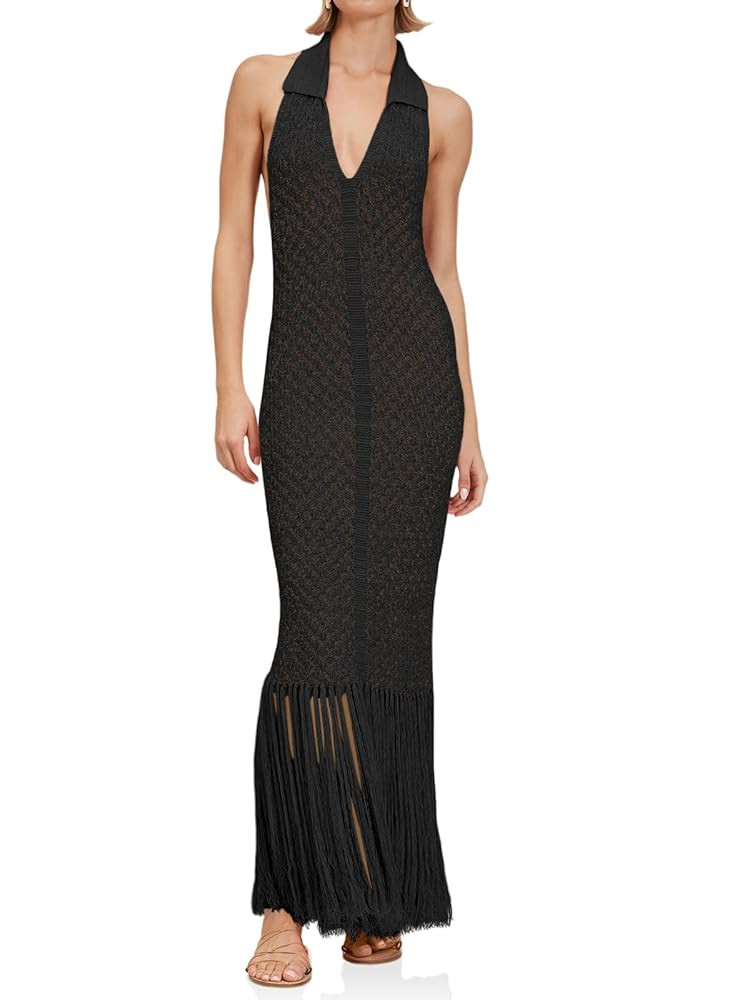 Saodimallsu Womens Halter Crochet Cover Up Fringe Sexy Backless Sleeveless V Neck Collared Vacati... | Amazon (US)