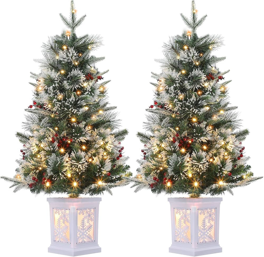 3 Ft Pre-Lit Christmas Tree, 2 Set Artificial Christmas Trees with Lighting Snowflake Base, Snow ... | Amazon (US)