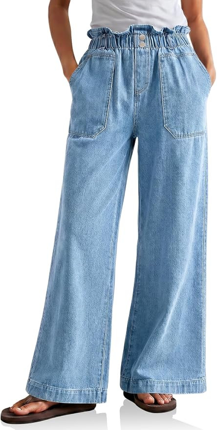 Womens Ruffle Wide Leg Jean High Waisted Baggy Pleated Denim Pants | Elastic Waisted Jeans, Strai... | Amazon (US)