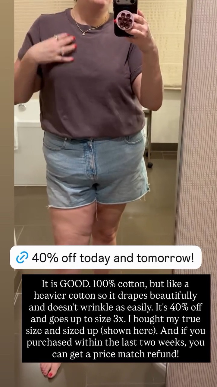 This @Target tee is 40% off today and tomorrow only! It’s such a good t-shirt. It’s a heavier cotton, so it drapes in a flattering way and barely wrinkles — this is it fresh out of my suitcase after flying to Vegas. The sleeve cuffs are sewn like that, FYI. I bought both my true size and one size up (this is the one size up), and I like them both and WILL be ordering in more colors. Goes up to a 3X!

#LTKSaleAlert #LTKPlusSize