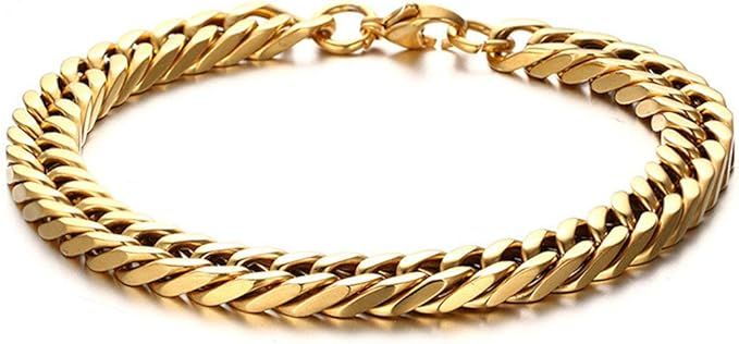 FOXI YOUTH 8MM Wide 14K Gold Plated Cuban Mens Surgical Steel Curb Chain Bracelet | Amazon (UK)