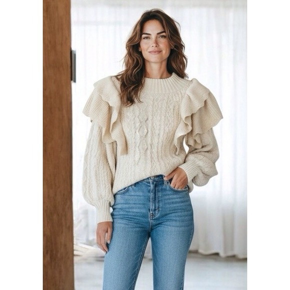 Listicle Sweater Women's Size Medium Off White Cable Knit Puff Sleeve Ruffles | Poshmark