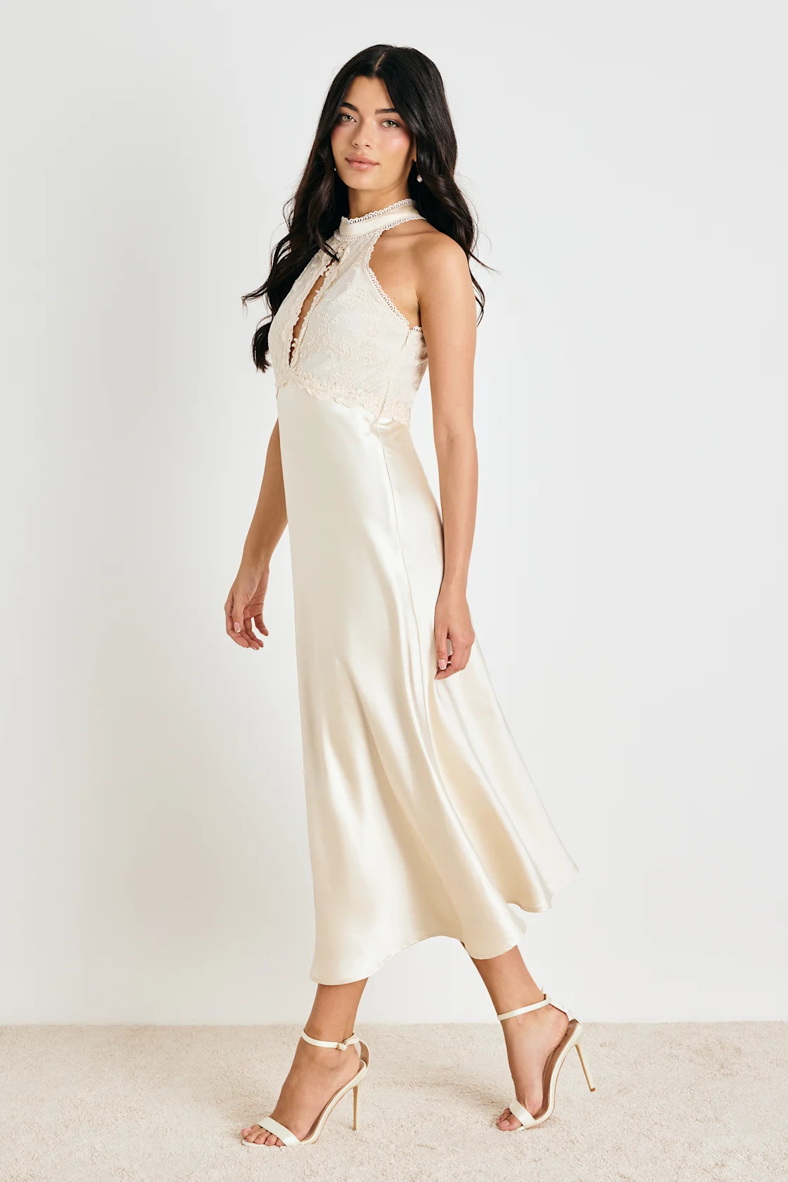 Jelani Ivory Satin Embroidered Midi Dress | Lulus