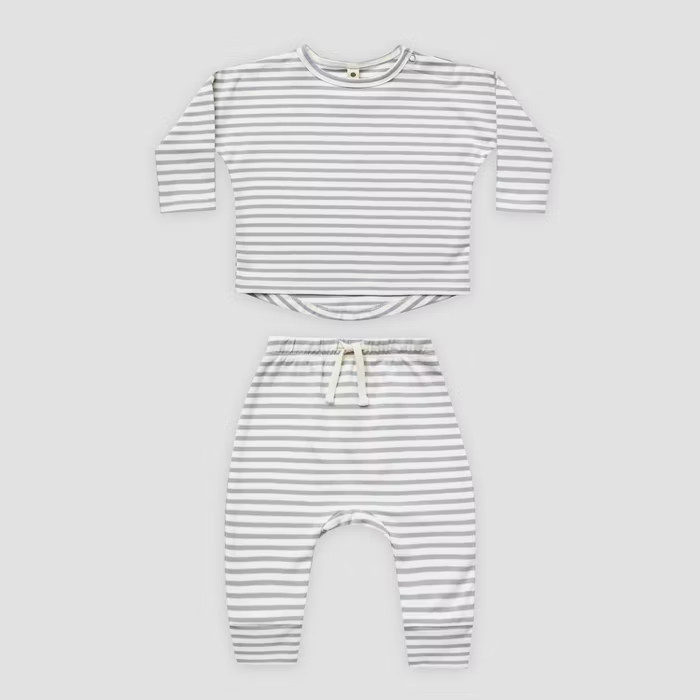 Q by Quincy Mae Baby 2pc Striped Brushed Jersey Top & Bottom Set - Ivory/Blue Fog | Target