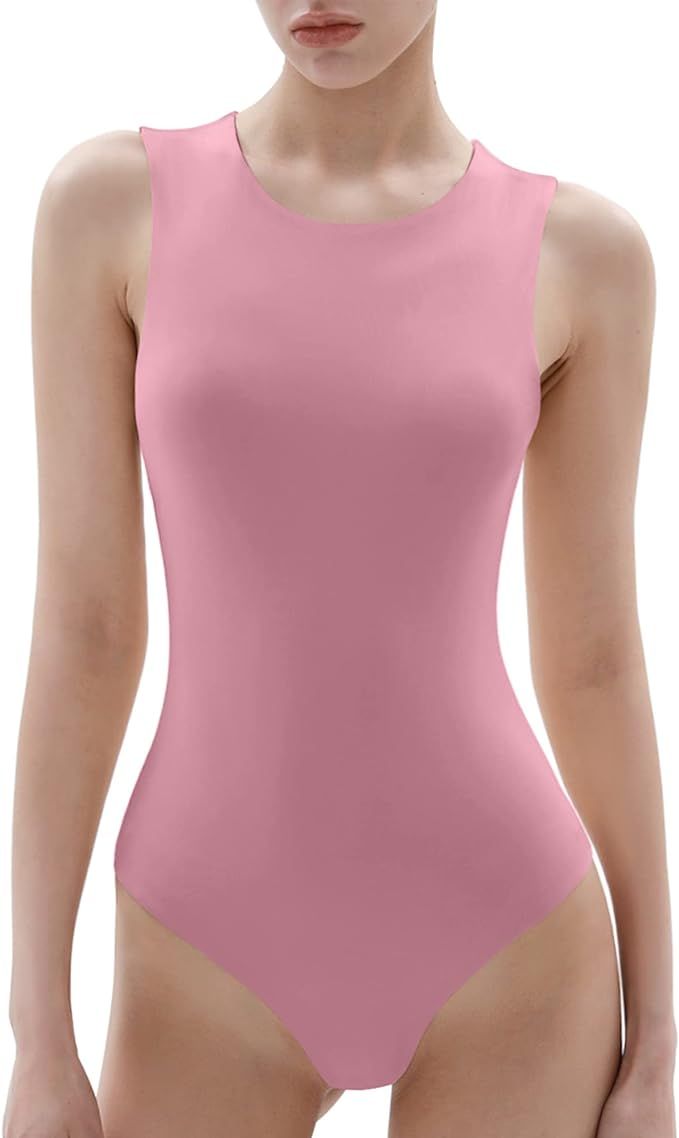 UEU Women's Sleeveless Ribbed Bodysuit Halter Neck Slimming Basic Tank Body Suit | Amazon (US)