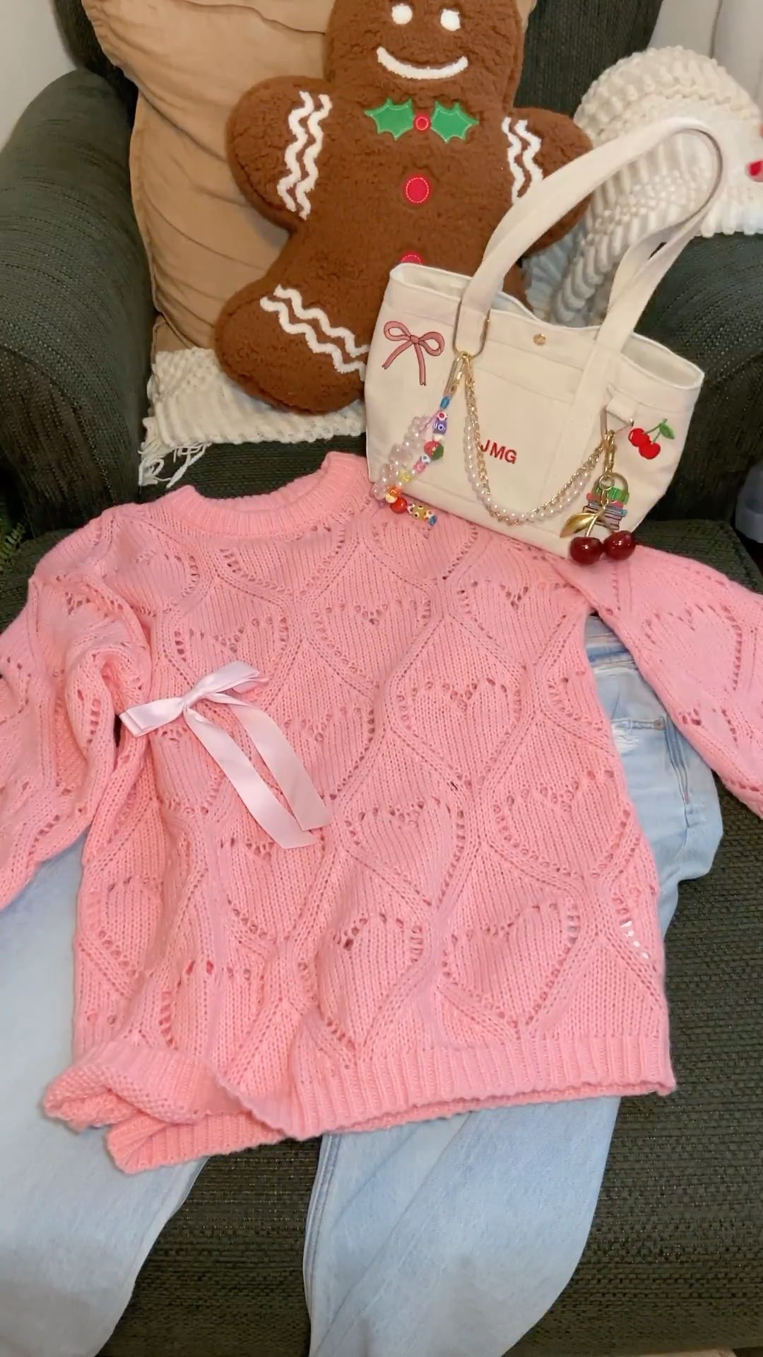 first ootd of 2026! 💕🎀 pink oversized sweater outfit, heart knit sweater outfit, cozy winter outfit inspo, casual chic winter outfit, comfy cute outfit idea, winter casual fashion, oversized sweater styling, baggy jeans outfit, light wash denim outfit, cozy aesthetic outfit, pink heart sweater, oversized pink sweater, heart pattern knit sweater, baggy light wash jeans, platform ugg boots outfit, ugg inspired winter outfit, pink hair bow aesthetic, feminine winter outfit, cozy girly style, baublebar tote bag, baublebar custom tote, baublebar bag charms, charm covered tote bag, personalized tote bag, cute tote bag aesthetic, y2k bag charms, playful accessories trend, girly aesthetic outfit, pinterest inspired outfit, cozy cute vibes, soft girl winter outfit, feminine casual style, playful winter fashion, cozy aesthetic fashion, everyday winter outfit inspo  

 #LTKGiftGuide #LTKSeasonal #LTKFindsUnder50