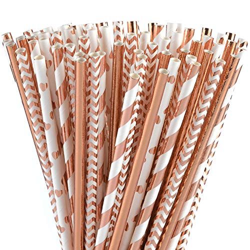 ALINK Biodegradable Rose Gold Paper Straws Bulk, Pack of 100 Metallic Foil Striped/Wave/Heart Straws | Amazon (US)