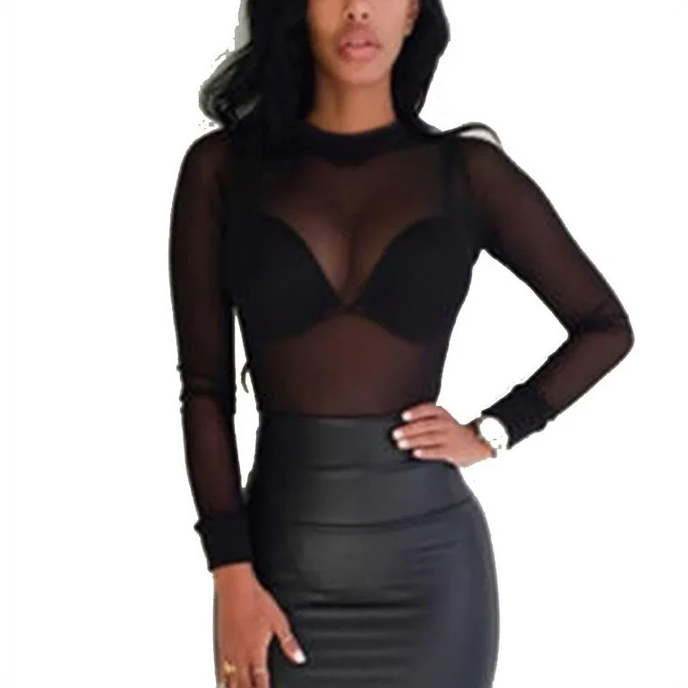 Womens Ladies Sheer Long Sleeve See Through Mesh Fishnet Casual Top T Shirt | Walmart (US)
