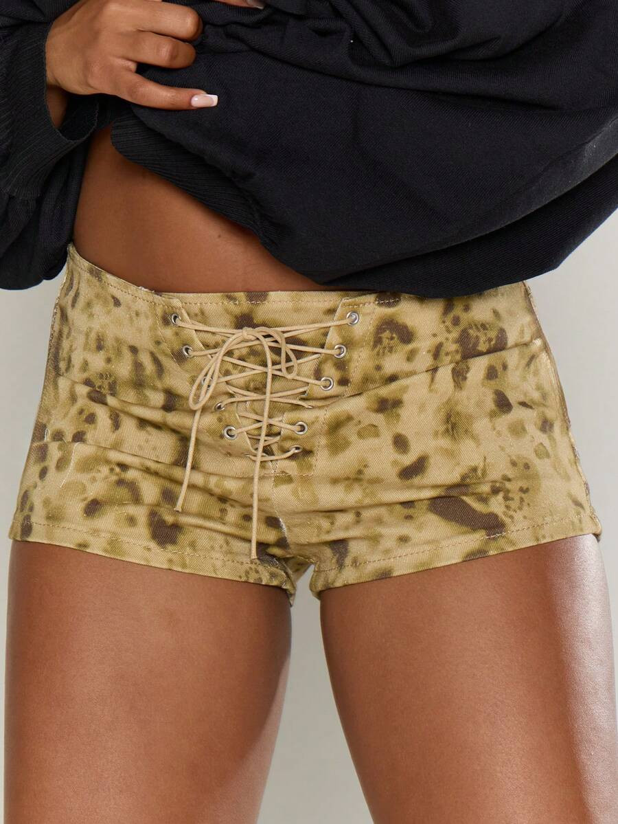 MUSERA Distressed Hem Lace Up Fitted Printed Micro Mini Denim Shorts Hotpants Bottom Only Summer ... | SHEIN