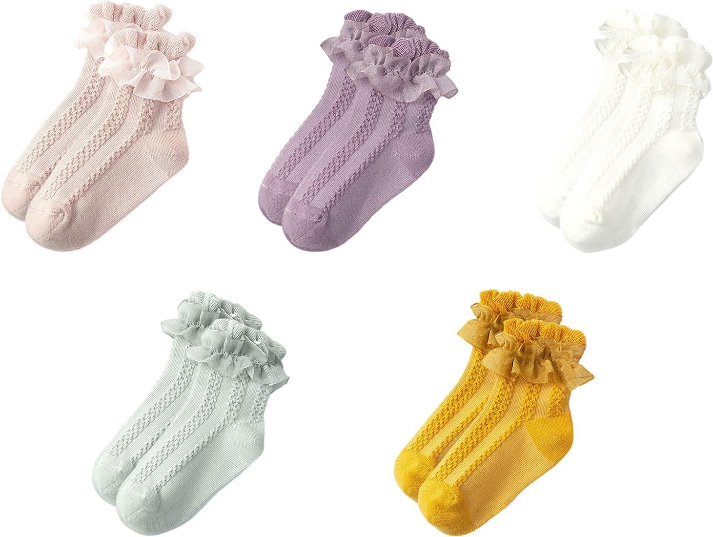 Gwenvenni Toddler Girls Double Ruffle Lace Trim Cotton Socks Frilly Dress Socks 5-Pack | Amazon (US)