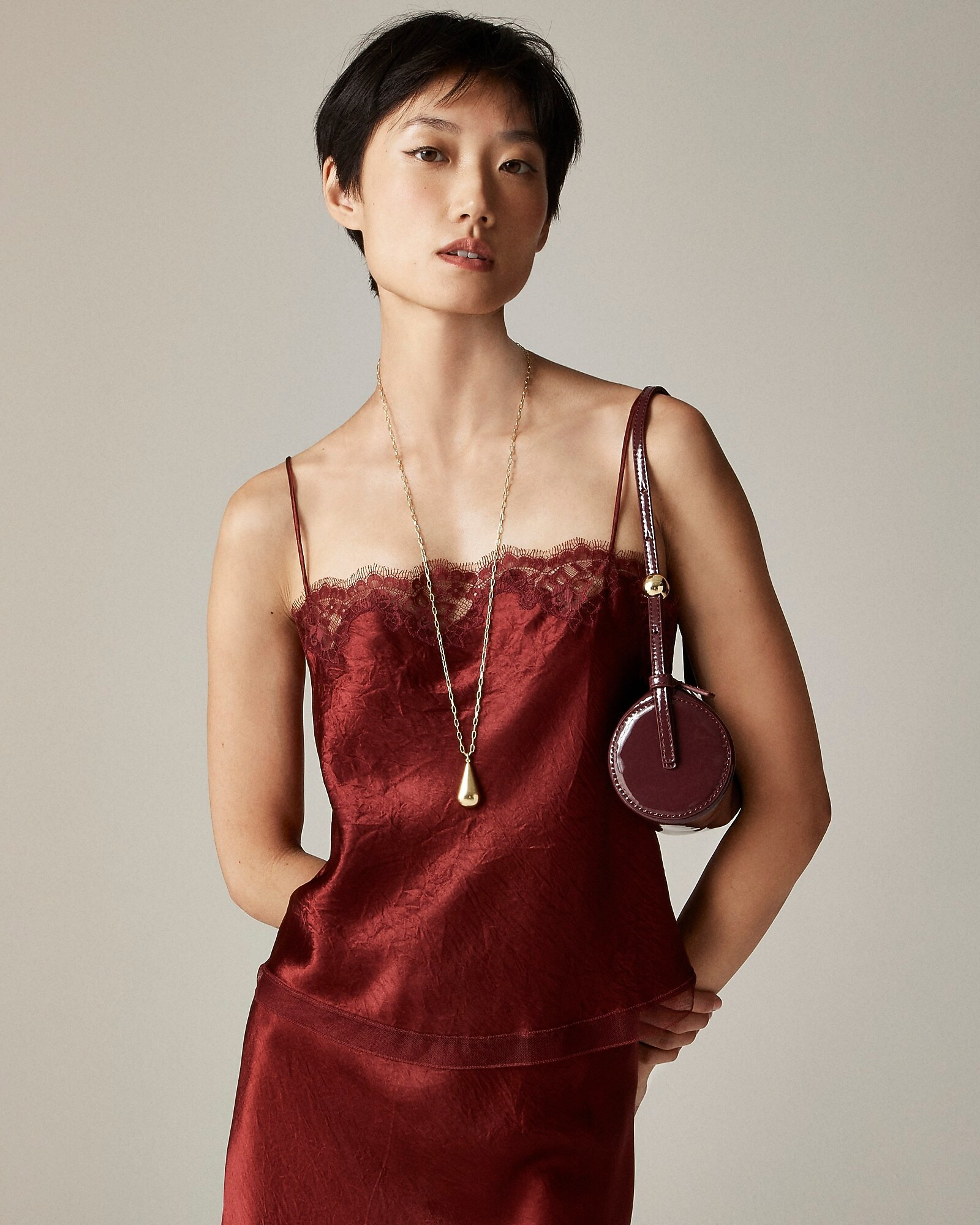 Lace-trim camisole top in textured satin | J. Crew US