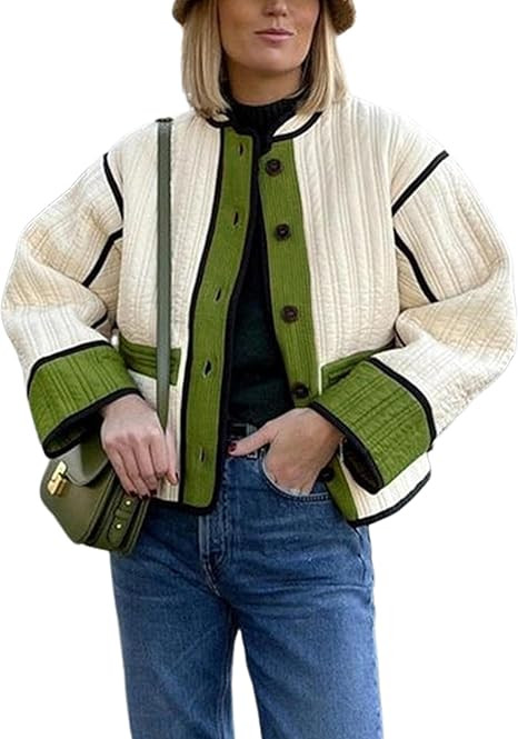 Omoone Cropped Lightweight Quilted Jacket for Women Winter Colorblock Long Sleeve Padded Puffer J... | Amazon (US)