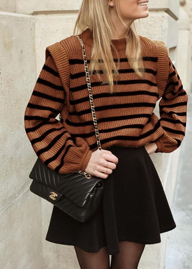 PRETTYGARDEN Women's Sweaters Casual Long Lantern Sleeve Crewneck Ribbed Knit Pullover Striped Ju... | Amazon (US)