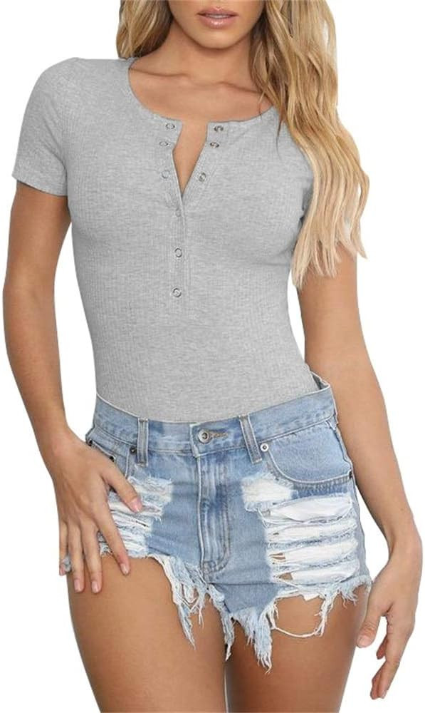GEMBERA Women Short Sleeves Henley Neck Button Down Bodysuit Ribbed Knit Thong Basic Leotard Top | Amazon (US)
