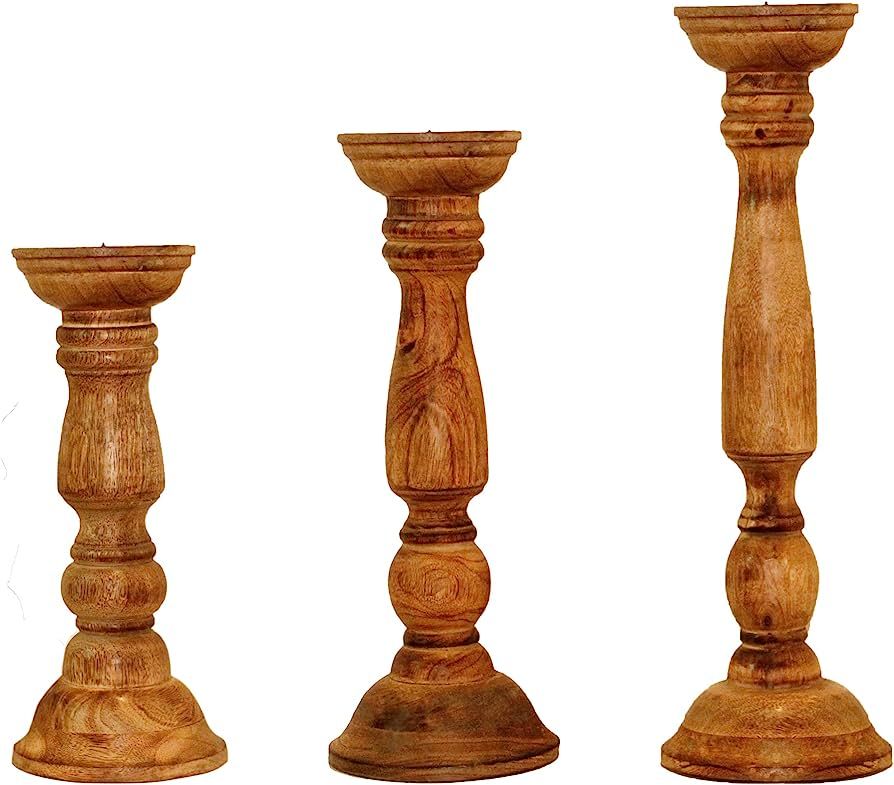 Solid Wood Candle Pillar Holder - Set of 3 Handcrafted Candlestick Holder Candle Stand - Boho Rus... | Amazon (US)