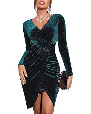 HOTOUCH Midi Dresses for Women V Neck Sparkling Velvet Sexy Elegant Long Sleeve Ruched Bodycon Wr... | Amazon (US)