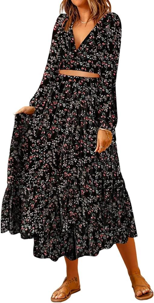 Dokotoo Women's Boho Dress Deep V Neck 2 Piece Outfits Long Puff Sleeve Skirt Sets Tie Waist Wrap... | Amazon (US)