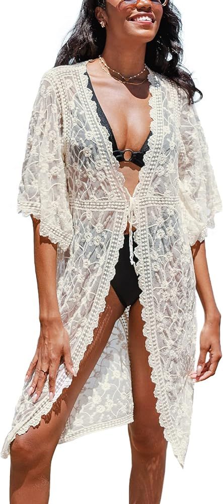 CUPSHE Beach Cover Up for Women Kimono V Neck Lace Trims Embroidery | Amazon (US)