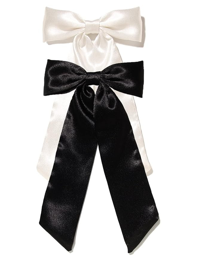 Furling Pompoms Hair Bows for Women - Black White Big Hair Bow with Long Tail - 2pcs Satin Ribbon... | Amazon (US)
