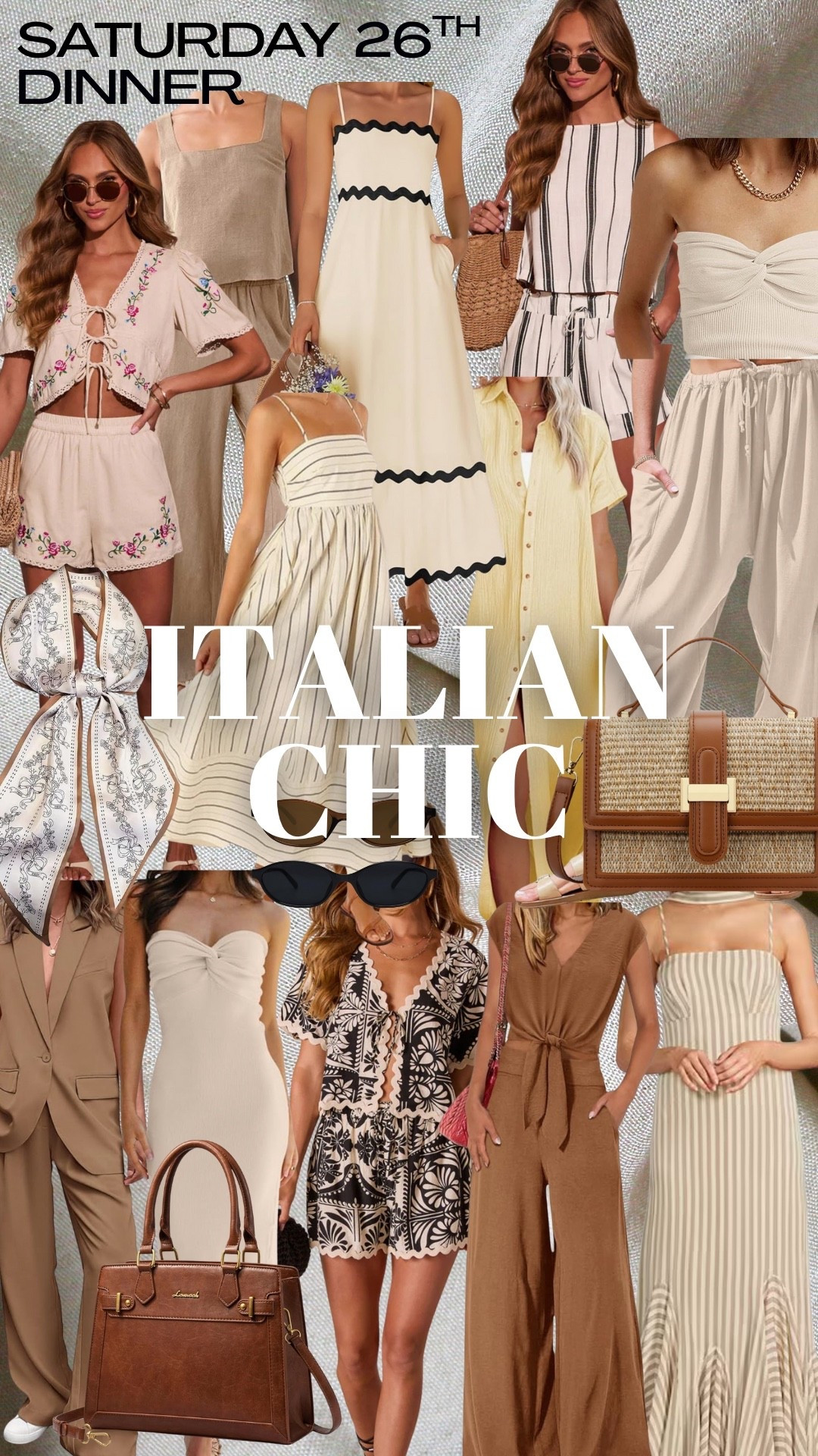 ITALIAN CHIC VIBES 🇮🇹✨
Outfit inspo for a dreamy summer dinner — think breezy neutrals, linen sets, basket bags, and just a touch of drama. Perfect for vineyard dinners, European vacays, or any night you want to channel your inner coastal cool girl.
Everything is linked for easy shopping — just add Aperol 🍊🍷
#ItalianChic #SummerDinnerLook #BacheloretteStyle #LTKstyletip #CoastalGranddaughter #NeutralOutfitInspo

#LTKFindsUnder100 #LTKSeasonal #LTKFindsUnder50