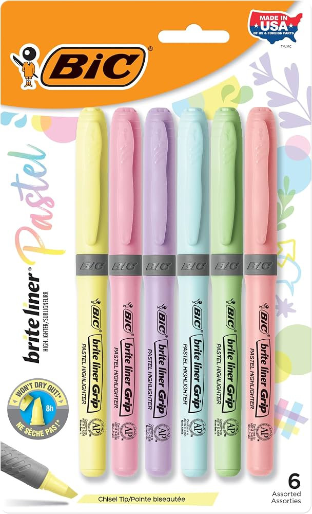 BIC Brite Liner Grip Pocket Highlighter, Assorted Ink Colors, Chisel Tip, Assorted Barrel Colors,... | Amazon (US)