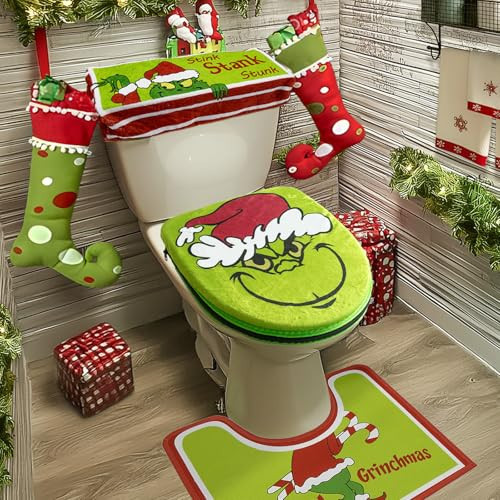 Mythcloud Christmas Decorations - 4 Pack Bathroom Decor - Xmas Décor Toilet Lid Cover, Tank Cover, U-Shaped Rug & Seat Cover Pad for Home Indoor Bathroom | Amazon (US)