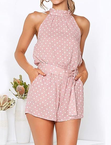 Murimia Women's Summer Floral Print Deep V Neck Backless Short Rompers and Jumpsuits | Amazon (US)
