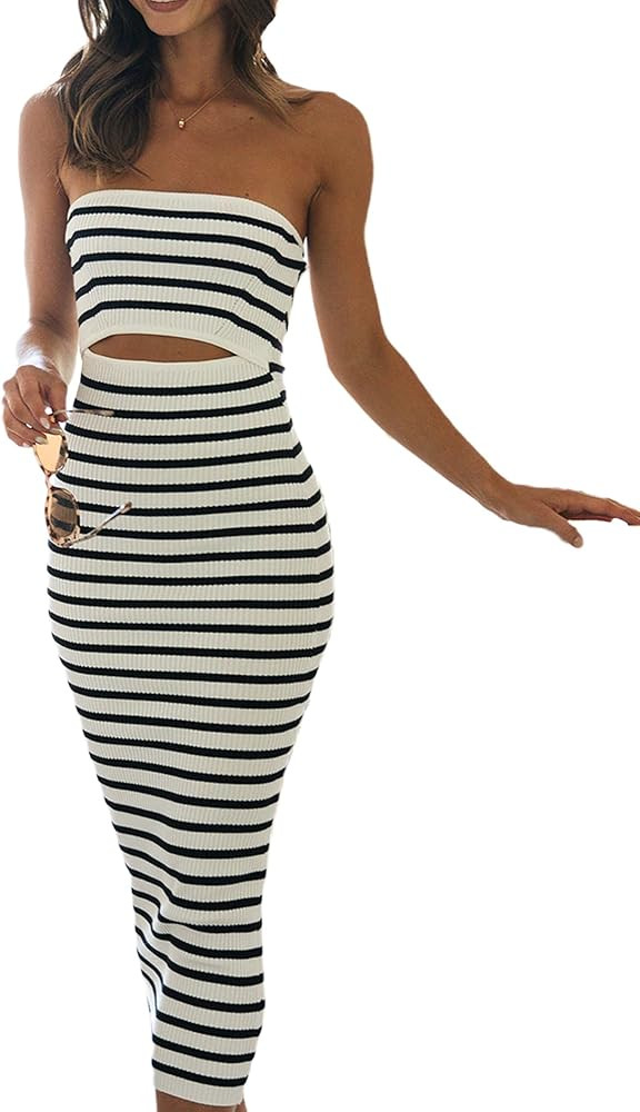 NUFIWI Women Summer Strapless Knitted Long Dress Off Shoulder Striped Cutout Midi Dress Bodycon B... | Amazon (US)