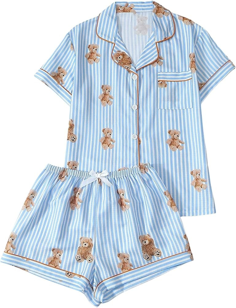 Verdusa Women's 2 Piece Pajama Set Bear Print Button Down Shirts Elastic Waist Shorts Loungewear | Amazon (US)