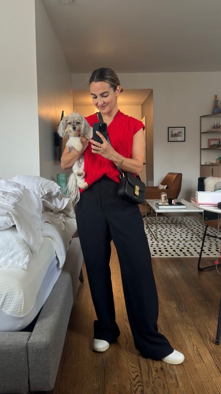 Today’s fall outfit:

Black wide leg pants
Red sweater vest 
White sneakers 

Audrey not included 🐶 

Sized up to a medium on the best for an oversized fit - use code CAMILLE20 to save on your first purchase! 

#LTKSeasonal