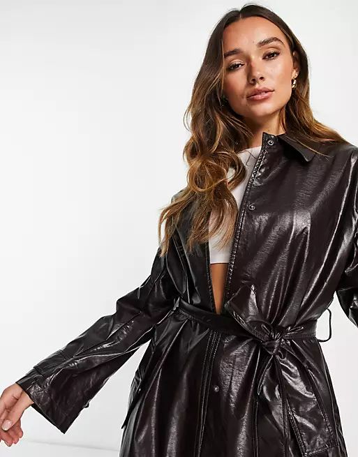 ASOS DESIGN crinkle faux leather trench coat in oxblood | ASOS (Global)