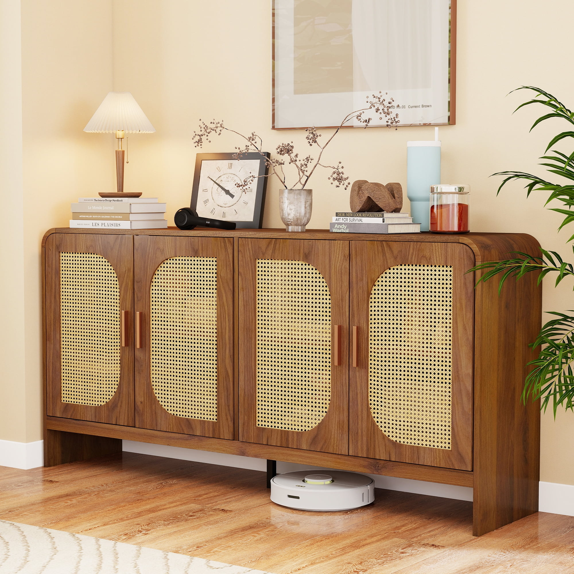 Modern Rattan Sideboard Buffet Cabinet, Boho Kitchen Buffet Table Console Cabinets with Adjustabl... | Walmart (US)