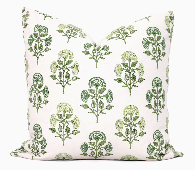 Green Carnation Block Print Decorative Pillow Cover, Throw Pillow, Accent Pillow, Pillow Sham 18x... | Etsy (US)