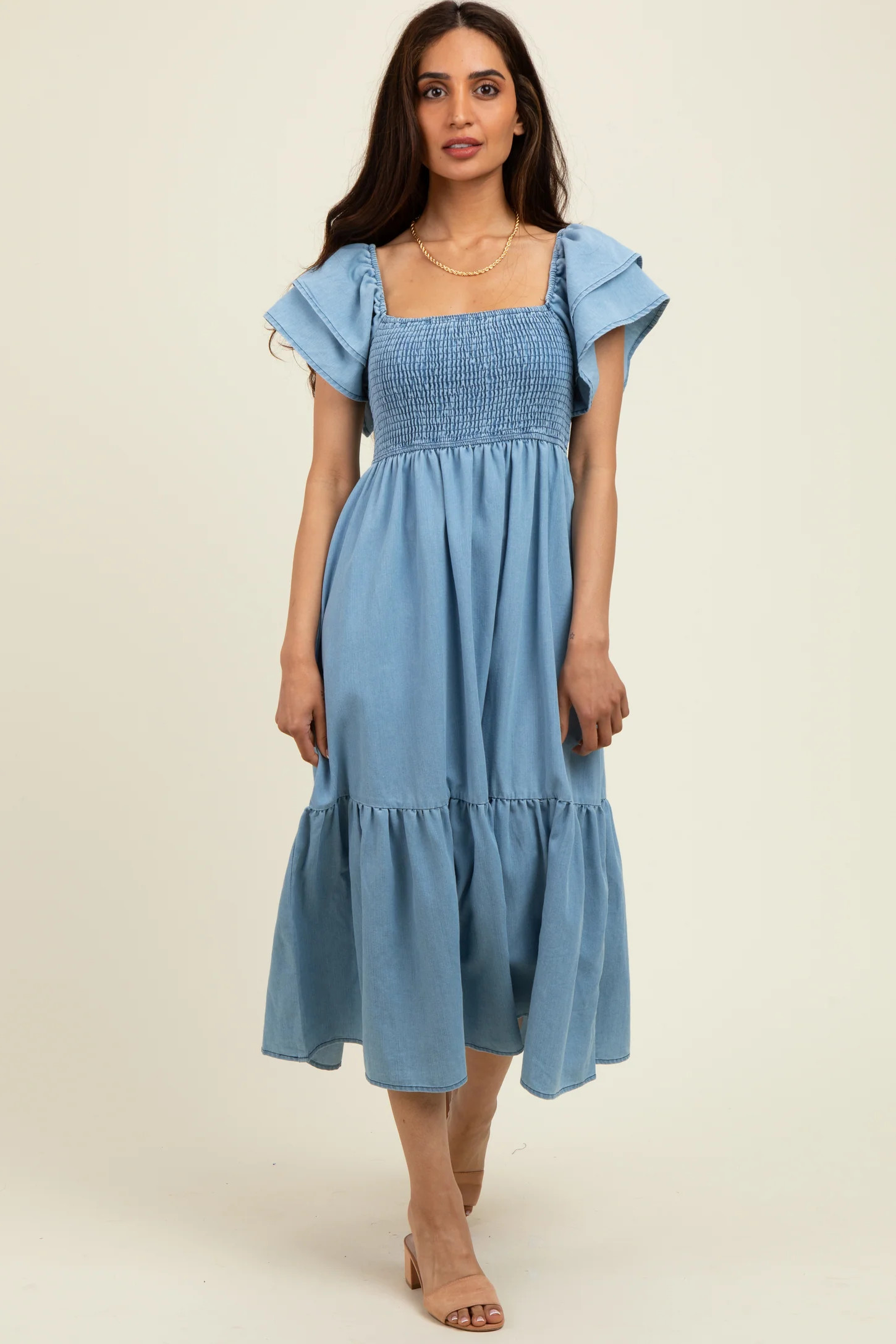 Light Blue Chambray Smocked Flutter Sleeve Dress | PinkBlush Maternity