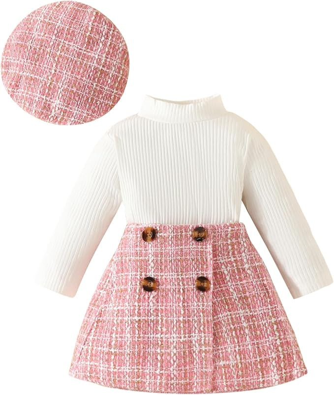 VISGOGO Toddler Girl Skirts Outfit Ribbed Long Sleeve Tops Plaid Tweed Pattern Skirt Beret Baby F... | Amazon (US)