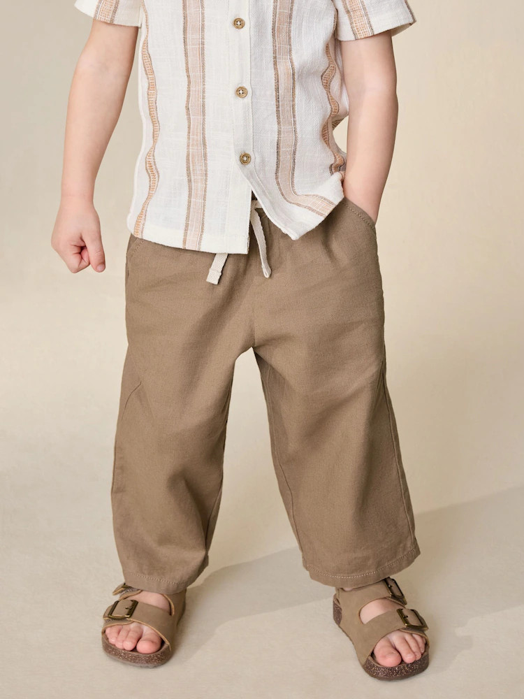 Tan Brown Wide Fit Linen Blend Pull on Trousers (3mths-7yrs) | Next US