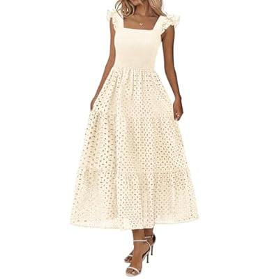 Lazysmile Womens Summer Maxi Dress Square Neck Ruffle Cap Sleeve Hollow Out Eyelet… | Amazon (US)