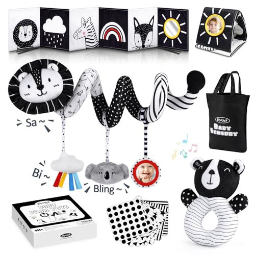 Joyreal High Contrast Baby Toys for Newborn, Black and White Baby Sensory Toys with Car Seat Toys,Infant Toys with Black White Cards Book, Montessori Toys for Baby Gifts | Amazon (US)