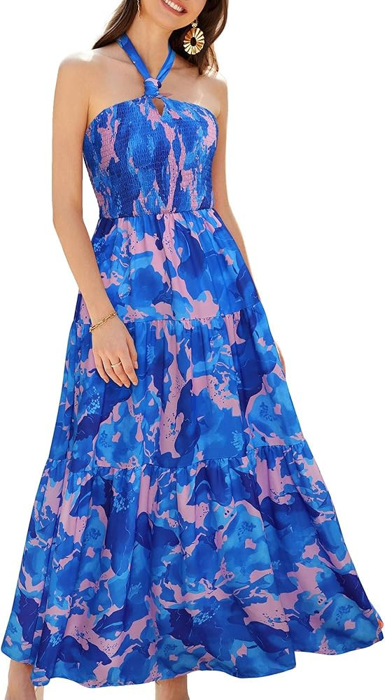 GRACE KARIN Women's Summer Dresses 2025 Halter Neck Sleeveless Smocked Backless Cut Out Floral Fl... | Amazon (US)