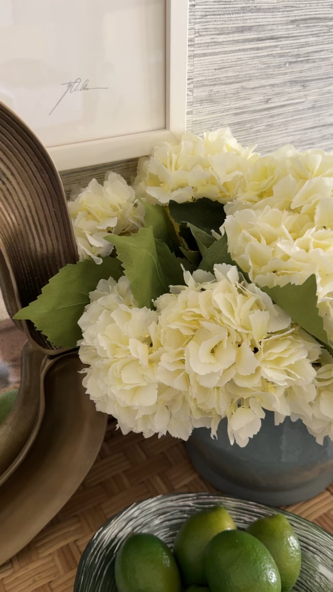 I found these gorgeous white hydrangea that come as a set of 12 stems! Split them up into smaller vases or pop them all into one like I have here. So pretty!